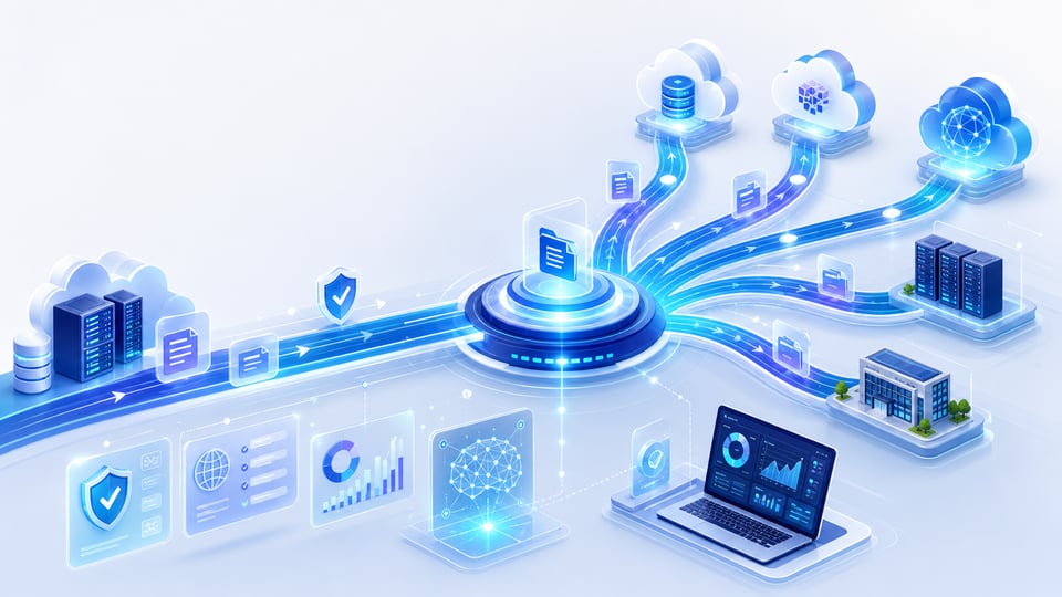Illustration of secure managed file transfer infrastructure connecting cloud platforms, enterprise systems, and business applications for organizations evaluating MOVEit alternatives.